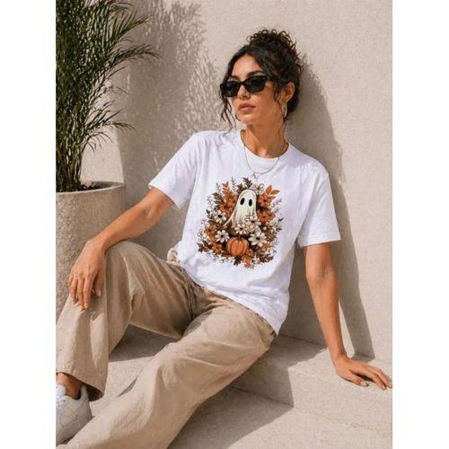 Balkabağı Hayalet Baskılı Tişört Kısa Kol Yazlık T-Shirt - Beyaz