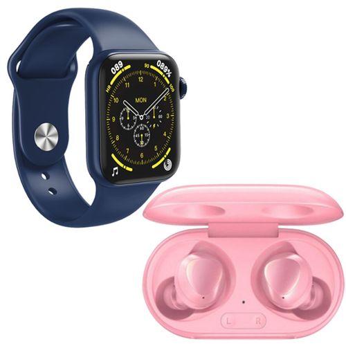 Samsung Uyumlu Galaxy Buds+ Pembe Bluetooth Kulaklık Smartwatch Mavi Silikon Ve Hasır Kordonlu Akıllı Saat