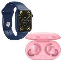 Samsung Uyumlu Galaxy Buds+ Pembe Bluetooth Kulaklık Smartwatch Mavi Silikon Ve Hasır Kordonlu Akıllı Saat