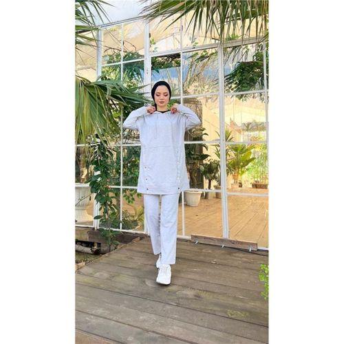 Kapşonlu Çıtçıt Detaylı Kısa Sweat Pantolon İkili Tesettür Eşofman Takımı - 03079.008 - Gri