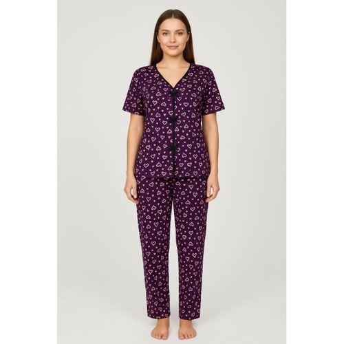 Kadın Mor Kalp Desenli Fiyonk Detaylı Kısa Kollu Uzun Pijama Takımı Premium Ev Giyim