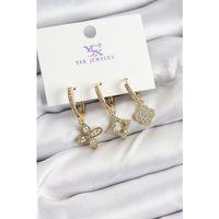 Pirinç Zİrkon Taşlı Yonca Model Gold Renk 3'lü Kadın Küpe