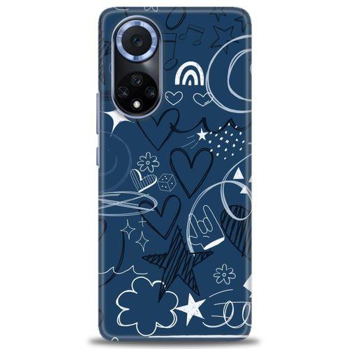 Huawei Nova 9 Kılıf HD Baskılı Kılıf - Notalar ve Kalpler Mavi + Tam Ekran Koruyucu