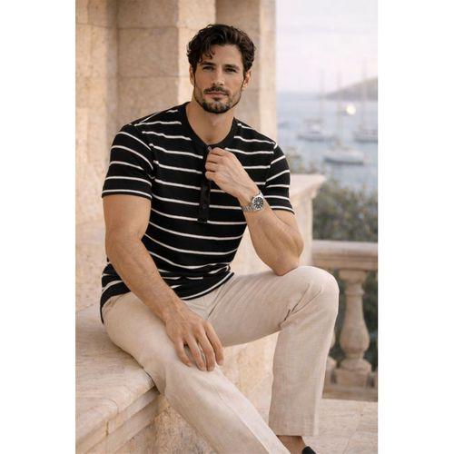 Kristof Pike Kumaş Regular Fit Düğmeli Yaka Kendinden Çizgili T-Shirt - Siyah