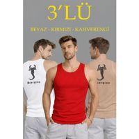 Erkek Spor Fitilli Atlet 3lü Set Beyaz, Kırmızı Ve Kahverengi Slim Fit Kaşkorse Arka Baskılı Spor Atlet