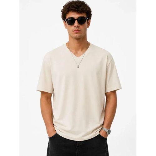 Erkek V Yaka Basic Tişört Kısa Kol Yazlık Regular Fit T-Shirt - Bej