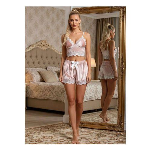 Pudra Kadife Dantelli Sabahlık & Gecelik Takım 3' Lü - 1438