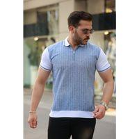 Erkek Fermuar Yakalı çizgili Kısa Kollu Tişört
