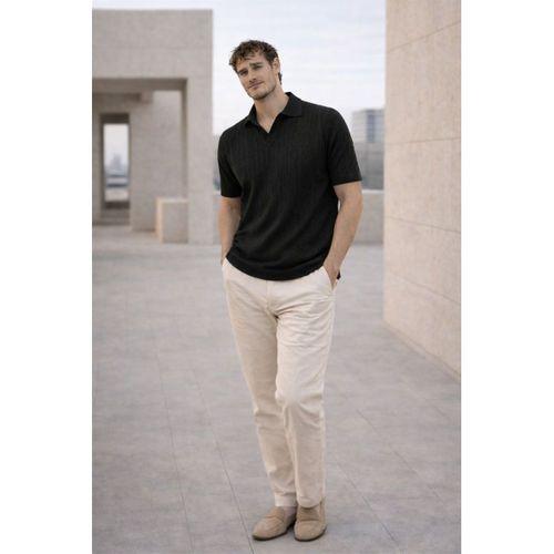 Nestor Saç Örgü Desenli Polo Yaka Regular Fit Örme İnce Triko Erkek T-Shirt - Siyah