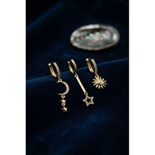 3 lü Set Ay Yıldız ve Güneş Model Gold Renk Kadın Küpe