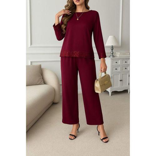 Kadın Uzun Kollu Bisiklet Yaka Pulpayetli Viskon Iki Iplik Bluz Ve Pantolon Ikili Takım