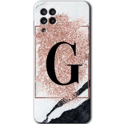 Samsung Galaxy M22 Kılıf Baskılı Kapak - Pembe Mermer Desenli G Harfi + 5D Tam Kaplayan Cam