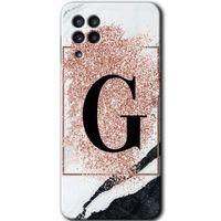 Samsung Galaxy M22 Kılıf Baskılı Kapak - Pembe Mermer Desenli G Harfi + 5D Tam Kaplayan Cam