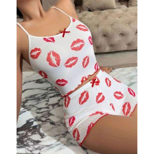Kadın Beyaz Dudak Desenli Seksi Gecelik Takım 6642