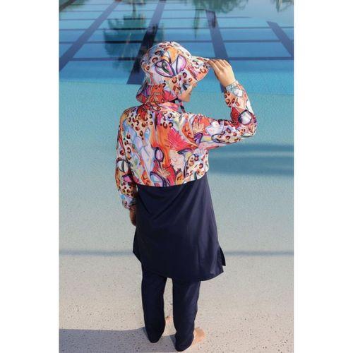 Estiva 26974 Lacivert Paradise Tam Kapalı Croplu Şapkalı Pantolonlu Tesettür Mayo