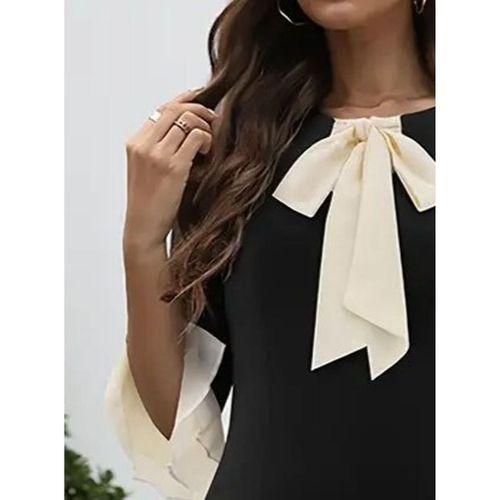 Kadın Truvakar Kollu Fiyonk Yakalı Midi Ithal Krep Elbise