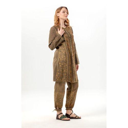 Uzun Katlanabilir Kol İnka Düğmeli Yazlık Otantik Nakışlı Poplin Tunik Toprak Tprk