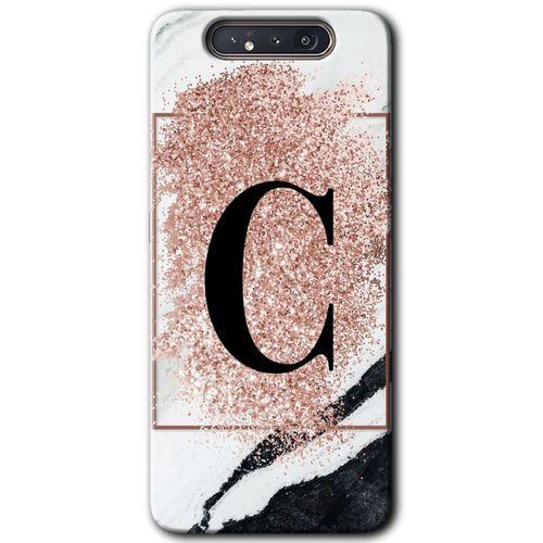 Samsung Galaxy A80 Kılıf Baskılı Kapak - Pembe Mermer Desenli C Harfi + 5D Tam Kaplayan Cam