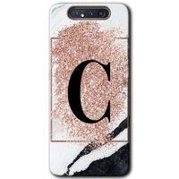 Samsung Galaxy A80 Kılıf Baskılı Kapak - Pembe Mermer Desenli C Harfi + 5D Tam Kaplayan Cam