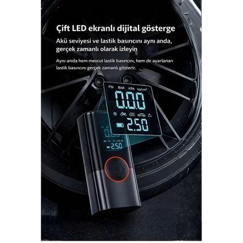 St-9650 Şarjlı 10.000 Mah Taşınabilir Araç Hava Kompresörü Akü Takviyeli Dijital Ekranlı Işıklı Çantalı