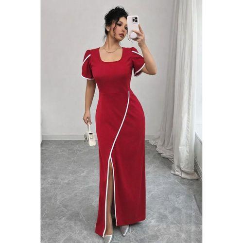 Kadın Kısa Kollu Kare Yakalı önden çapraz Kesim Detaylı Krep Elbise