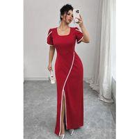 Kadın Kısa Kollu Kare Yakalı önden çapraz Kesim Detaylı Krep Elbise