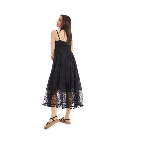 Şile Bezi Siyah Askılı Dantelli Elbise