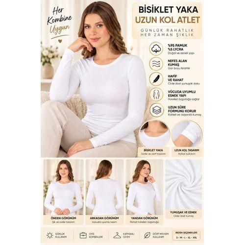 Kadın Bisiklet Yaka Uzun Kol Atlet Beyaz, Esnek Kumaş, Vücuda Oturan Basic Body - ryl - 2613