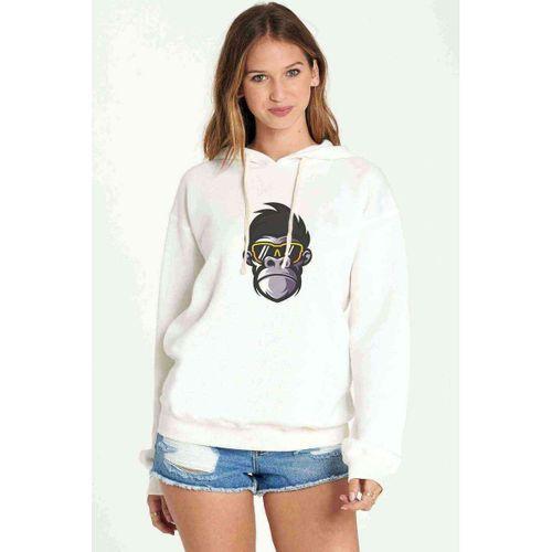 Cool Monkey Baskılı Beyaz Kadın Kapşonlu Sweatshirt
