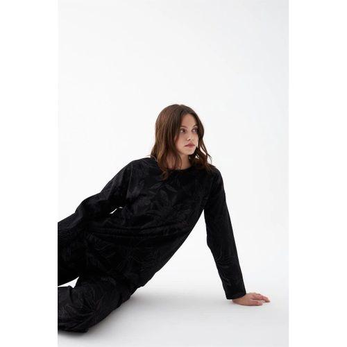 Kadın Oversize Siyah Çiçek Desenli Pamuklu Kalın Pijama Takımı