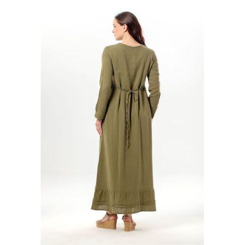 Uzun Kol Dora Yuvarlak Yaka Düğmeli Çift Cepli Yazlık Uzun Müslin Elbise Haki Hk