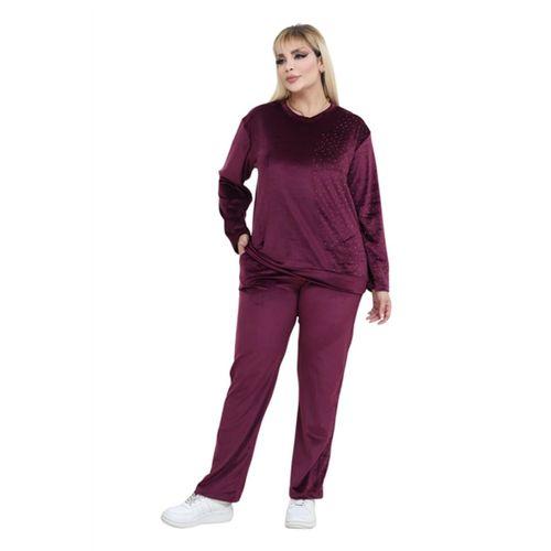 Melsay Butik Parlak Kadife Bordo Yarım Garni Taşlı Kadın Eşofman Takımı