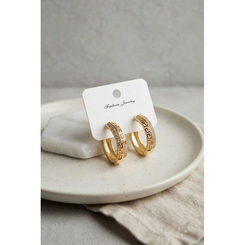Gold Renk Zirkon Taşlı ve Geometrik Motifli Pirinç Halka Kadın Küpe