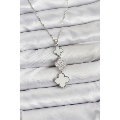 316L Çelik Zincir Gümüş Renk Yonca Detaylı Zirkon Taşlı Kadın Kolye