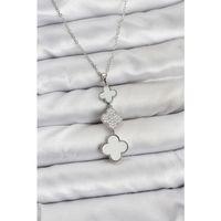 316L Çelik Zincir Gümüş Renk Yonca Detaylı Zirkon Taşlı Kadın Kolye