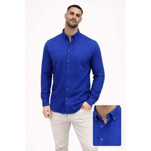 Erkek KETEN Kumaş Oversize Uzun Kollu Rahat Kalıp Gömlek - Saks Mavisi