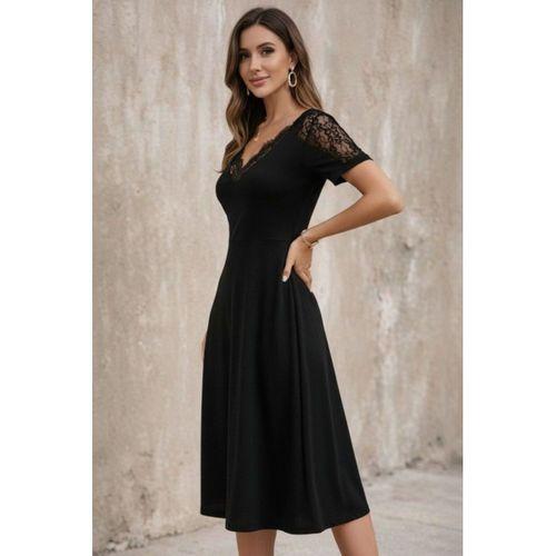 Kadın Kısa Kollu V Dantel Yakalı Midi Viskon Elbise