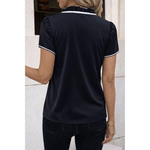 Kadın Kısa Kollu Yakası Fırfırlı Bağcıklı Janjan Krep Bluz