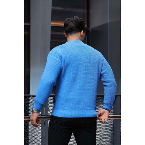 Oversize Selanik Örgülü Bisiklet Yaka Erkek Triko Kazak - Açık Mavi