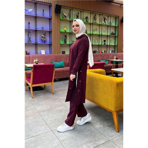 Kapşonlu Yandat Çıtçıtlı Sade Basic Uzun Tunik ve Pantolon İkili Spor Takım - 03071.020 - Mürdüm
