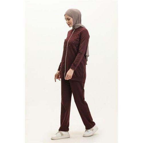 Fermuarlı İnci ve Taş Detaylı İkili Sade Basic Eşofman Spor Takımı - 03038.020 - Mürdüm