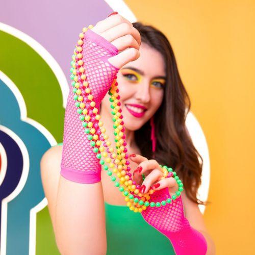 Retro Neon Fuşya File Parmaksız Eldiven 26 cm