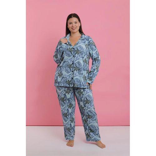 Kadın Büyük Beden Mavi Tropikal Desenli Düğmeli Pijama Takımı