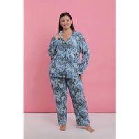 Kadın Büyük Beden Mavi Tropikal Desenli Düğmeli Pijama Takımı