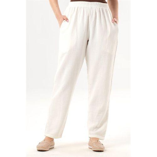 Beli Lastikli Yandan Çift Cepli Müslin Şalvar Pantolon Kırık Beyaz KrkByz