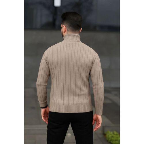 Erkek Balıkcı Yaka Bağazlı Triko Kazak Pamuklu Kalın Fitilli Dokuma, Regular Fit Uzun Kollu Kışlık Model - Bej