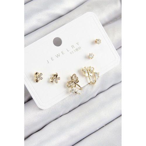 Pirinç Zirkon Taşlı Kelebek Model Gold Renk 925 Ayar Gümüş Çivi Kadın Küpe Set