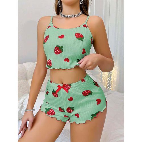 Kadın Yeşil Çilek Desenli Şortlu Pijama Takımı 5060