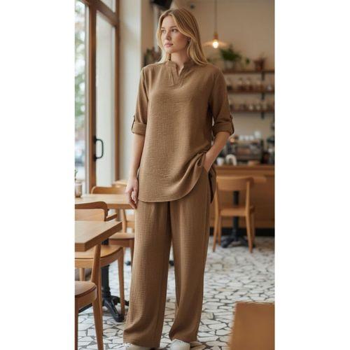 Kadın Kolu Katlanır Düğme Detay Hakim Yaka Bluzve Pantolon Sofia Keten Kumaş Ikili Takim