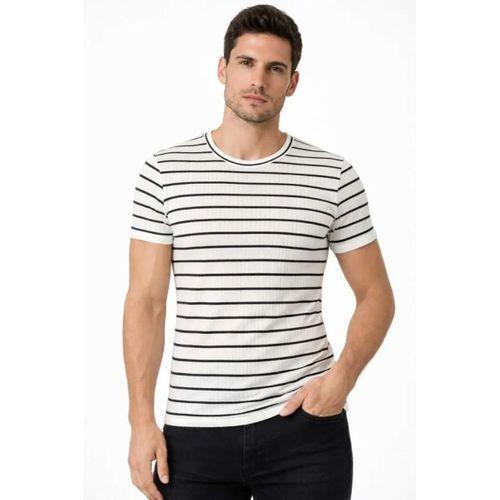 Erkek Çizgili Yazlık Triko T-Shirt Slim Fit Dar Kesim Body Bisiklet Yaka - Beyaz